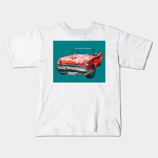 Sixties Era Red Car On Teal Vintage Auto Style Wheels Kids T-Shirt